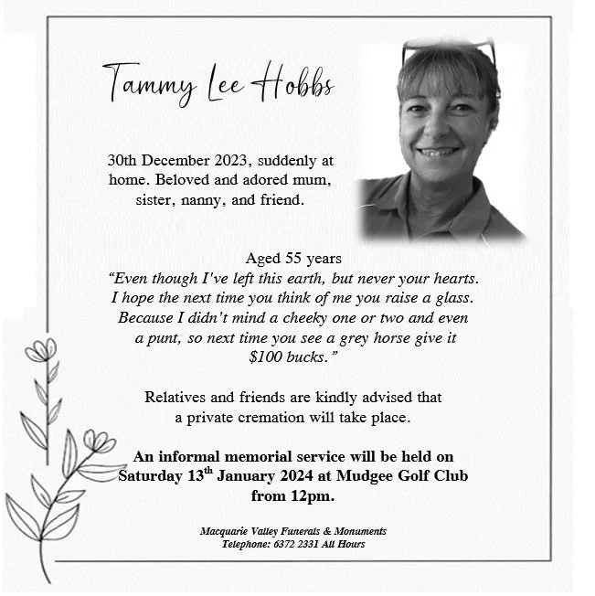 HOBBS, Tammy Lee — Macquarie Valley Funerals & Monuments
