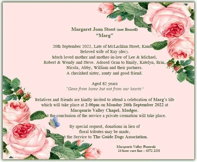 STOUT, Margaret Joan — Macquarie Valley Funerals & Monuments