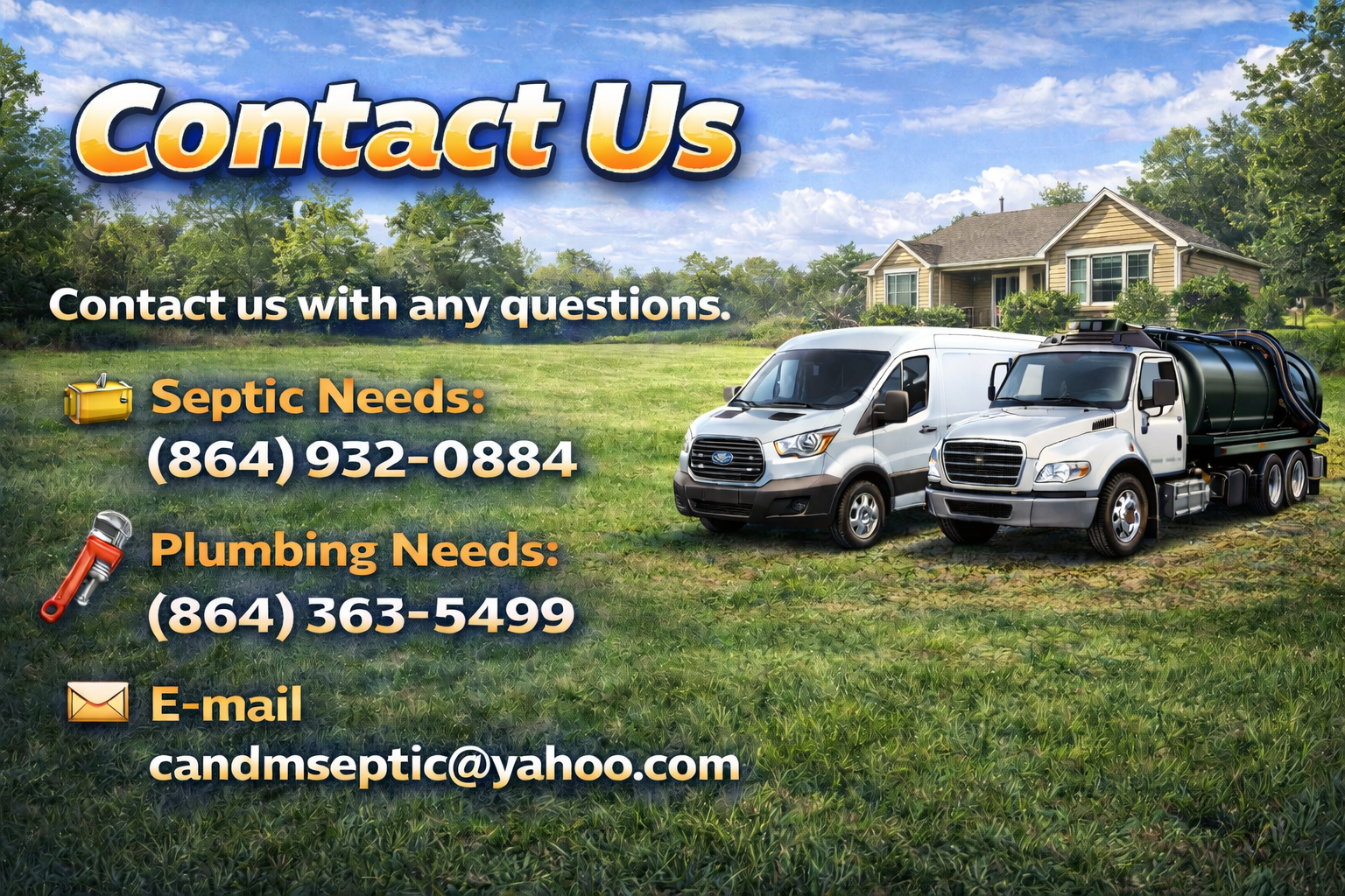 Contact us for septic and plumbing services, with phone numbers and email on a grassy yard background with a house and service trucks