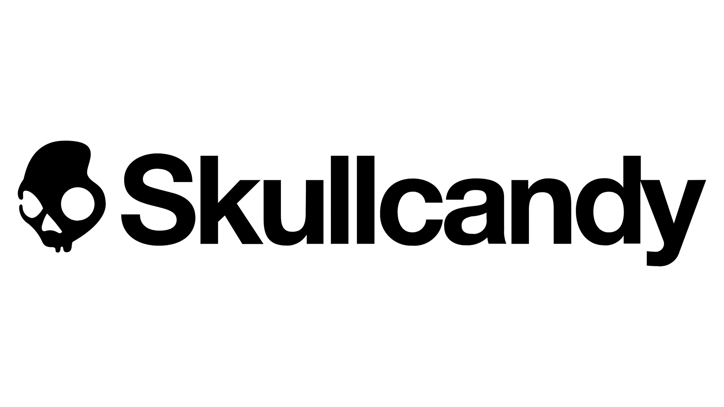 Black logo with a stylized skull on the left and the text 'Skullcandy' in a bold, unique font.