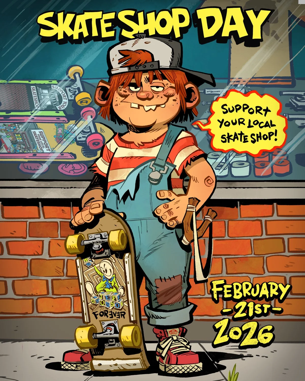 A cartoon illustration of a young boy with red hair and freckles, wearing a baseball cap, striped shirt, and overalls, standing in front of a skateboard shop window. The boy is holding a skateboard with a smiling skeleton design, and has a skateboard strapped to his back. The shop window behind him displays skateboards, and a sign reading "Support Your Local Skate Shop!" is in the background. The image promotes "Skate Shop Day" on February 21st-22nd, 2016.