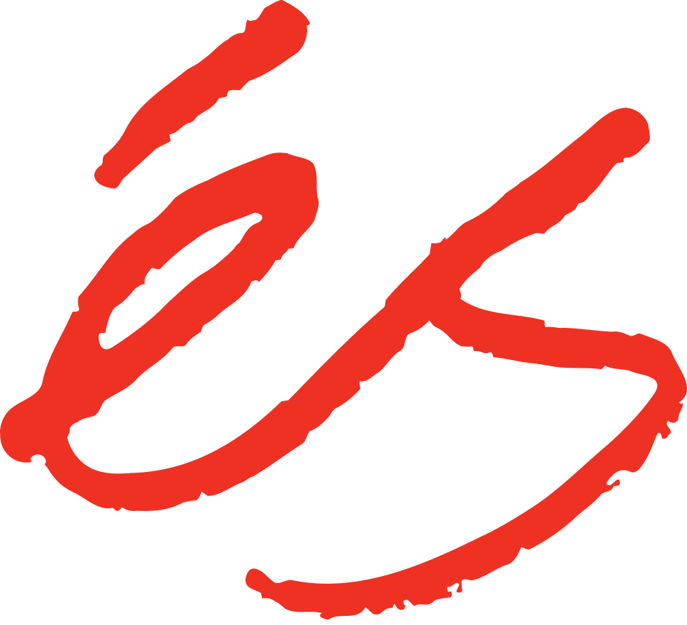 Red stylized initials 'E' and 'K' on a black background.