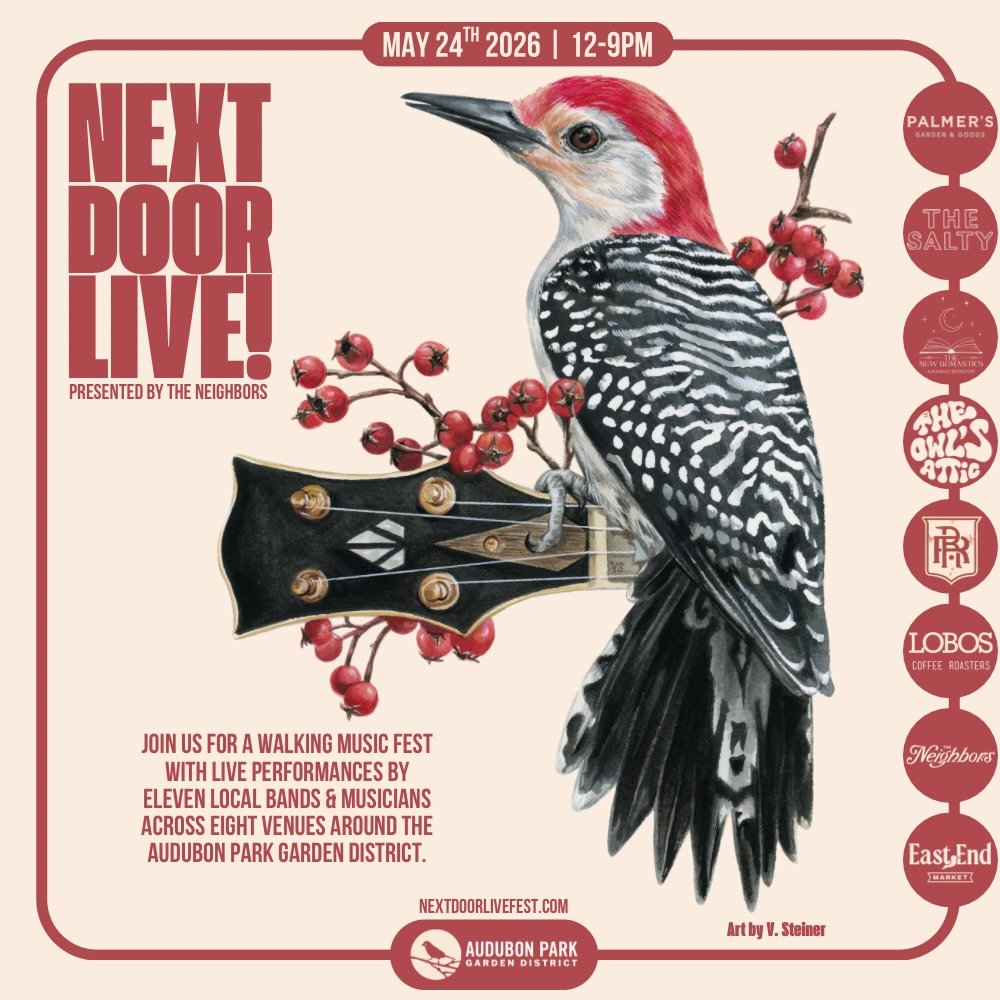 Next Door Live! image of a red bellied woodpecker sitting on a guitar with berries surrounding it