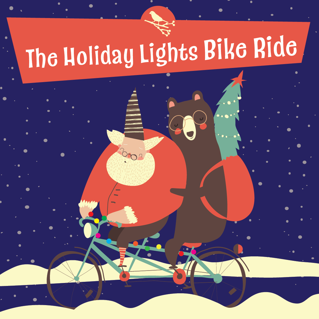 Holiday Lights Bike Ride illustration with Santa and bear