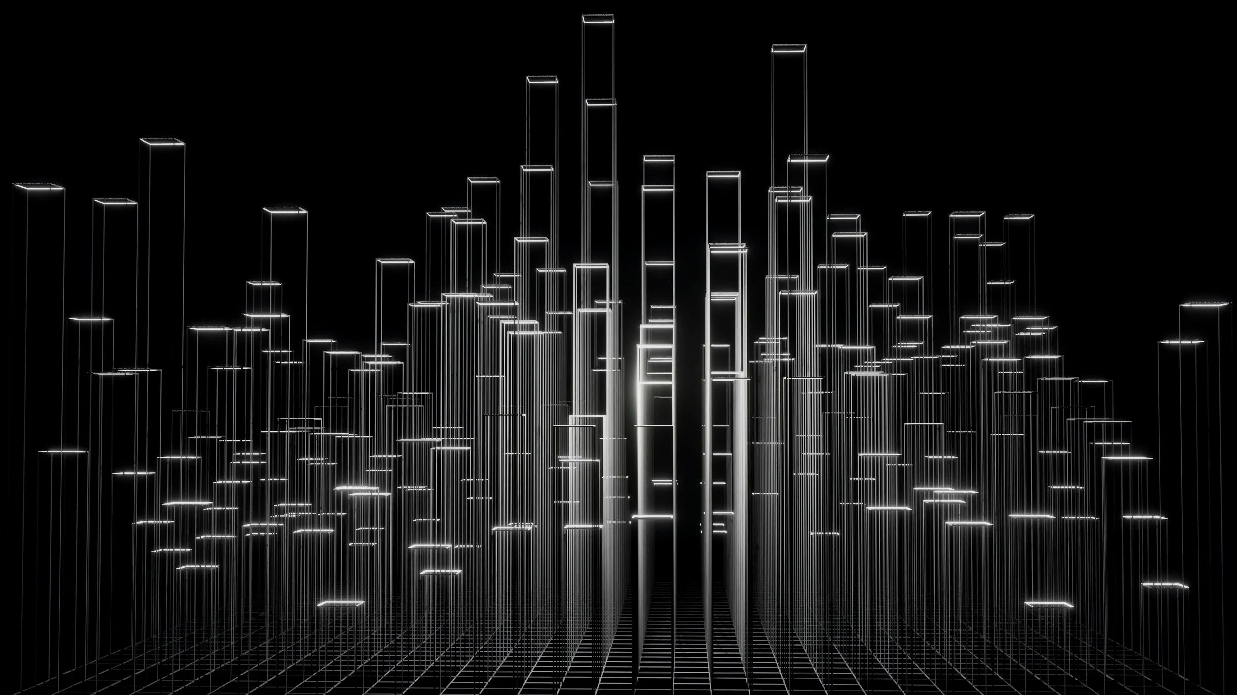Digital 3D abstract cityscape with glowing white rectangular skyscrapers on a black background.