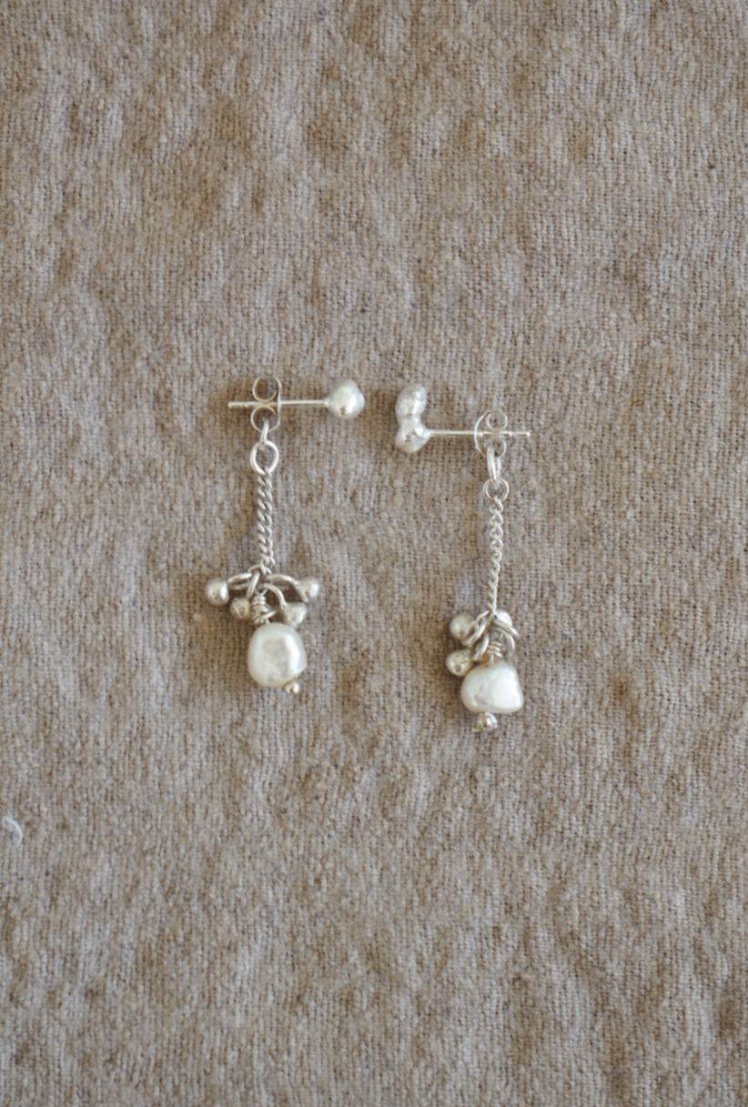 Silver & reclaimed pearl cluster chain drop studs