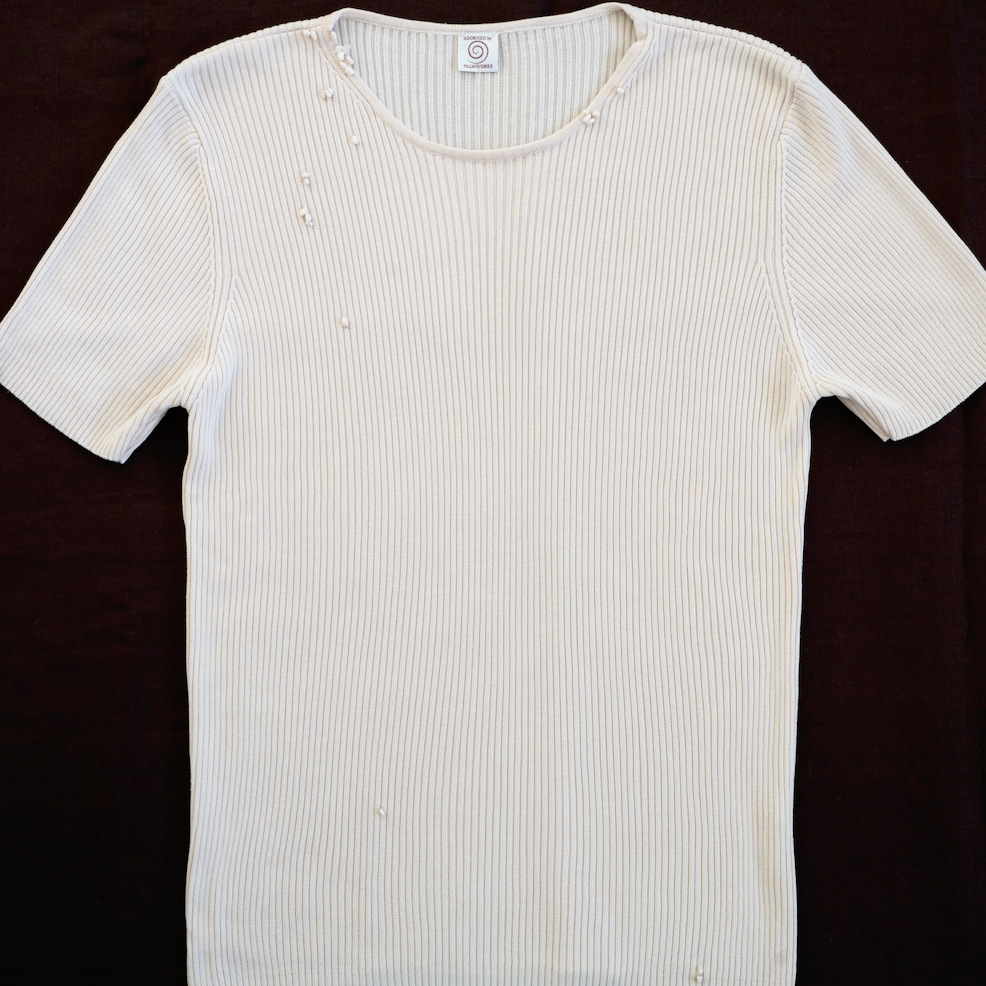 Adorned 100% silk ribbed knit top - ecru colour