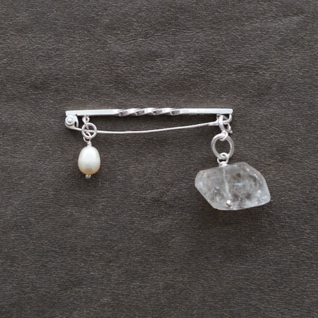 Repaired silver pin with pearl & crystal trinkets