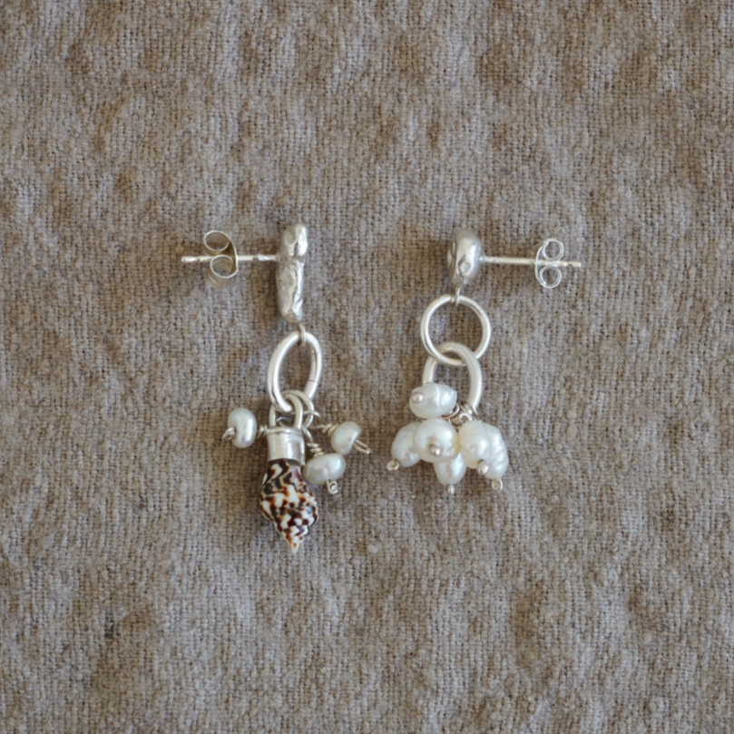 Silver, shell & reclaimed pearl cluster drop irregular studs