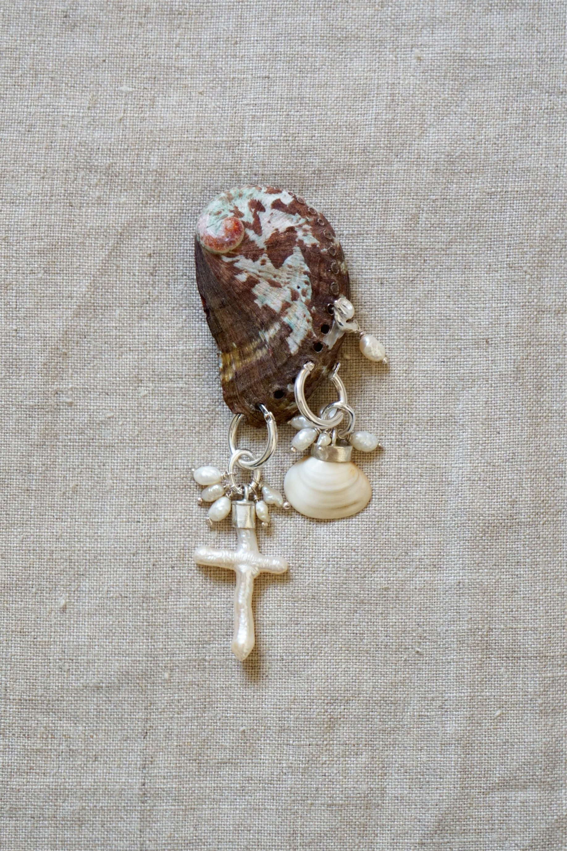 Shell & pearl hinged 'treasure' hoops