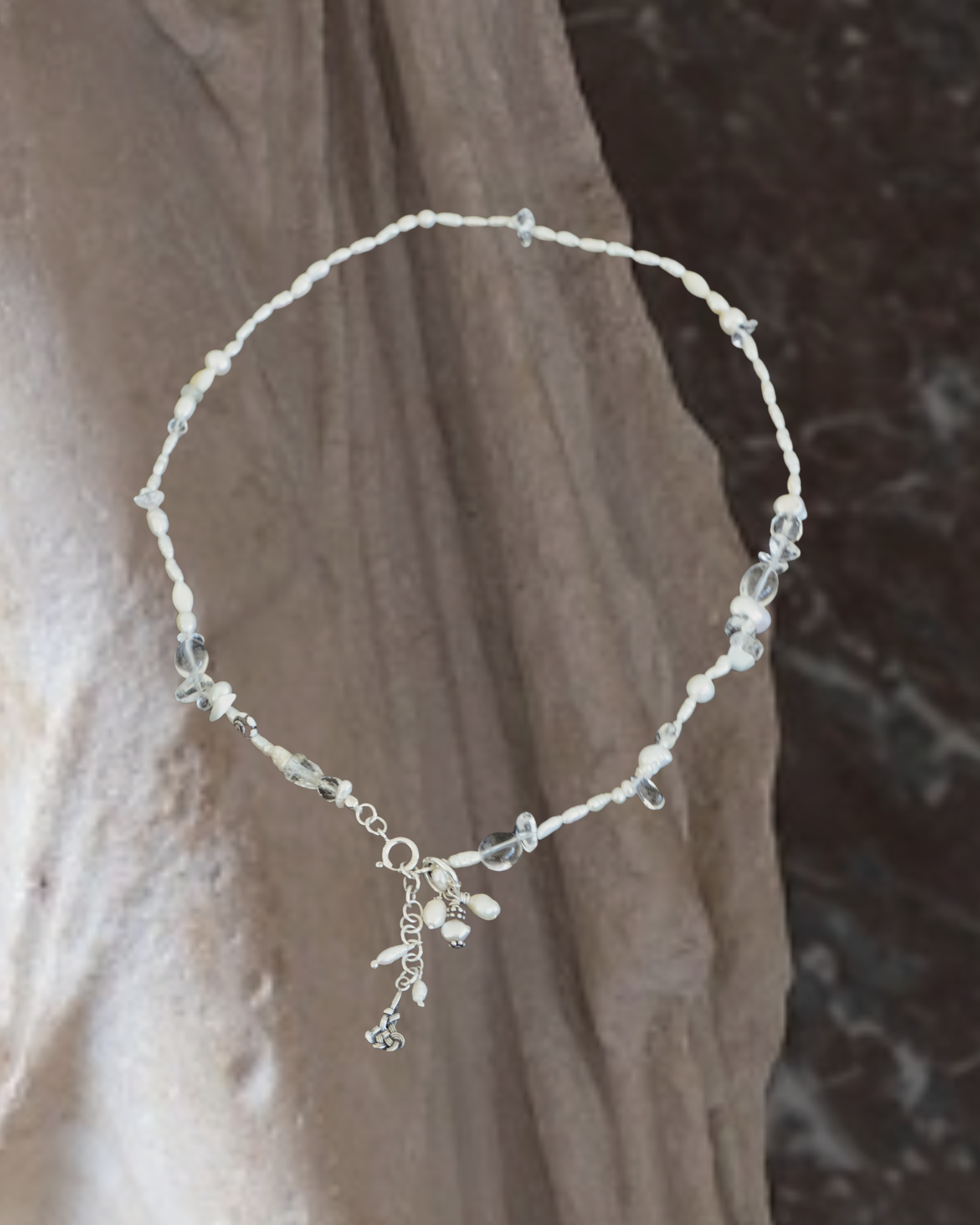 Reclaimed rice pearl necklace with quartz & silver charms
