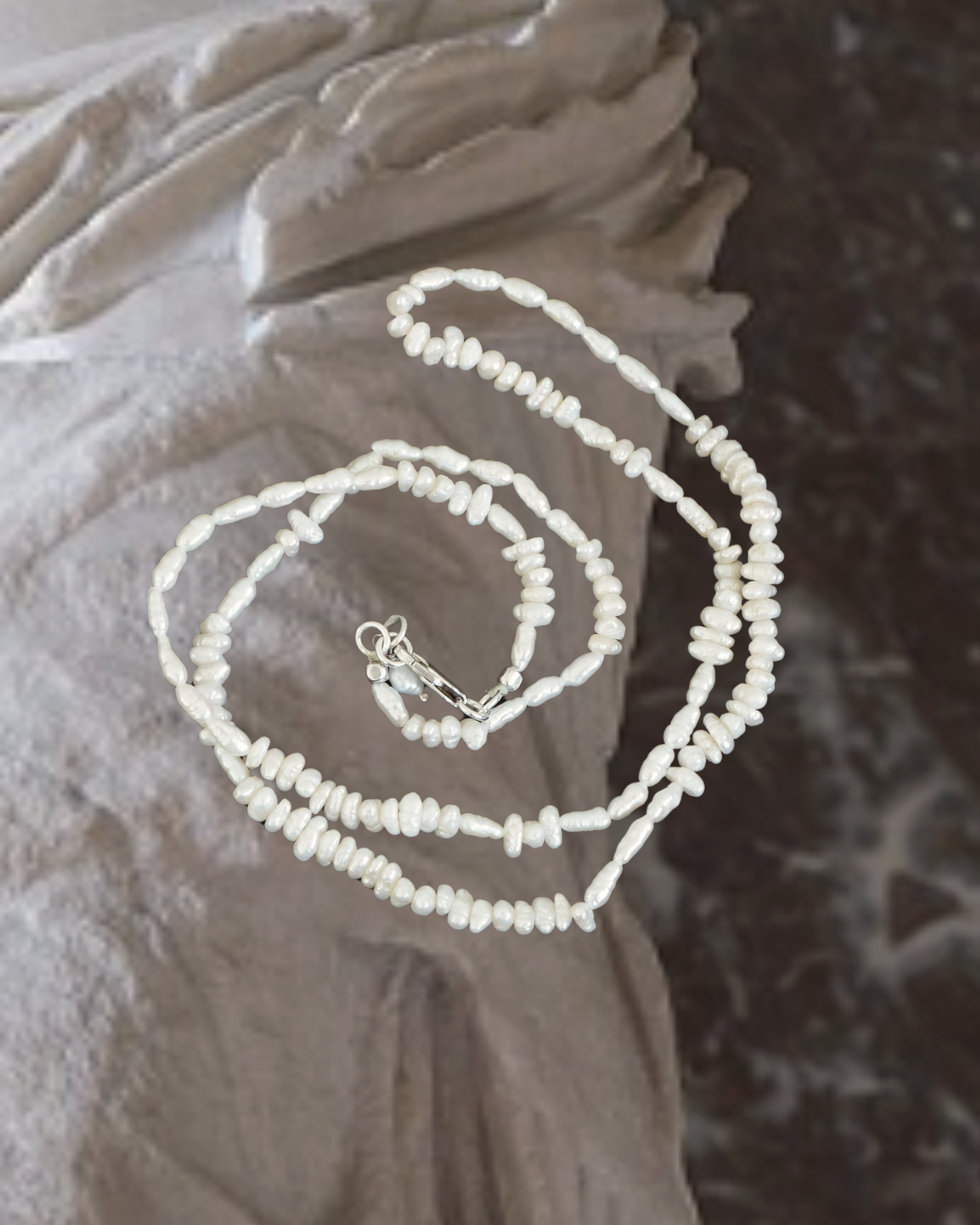 Long reclaimed seed pearl necklace