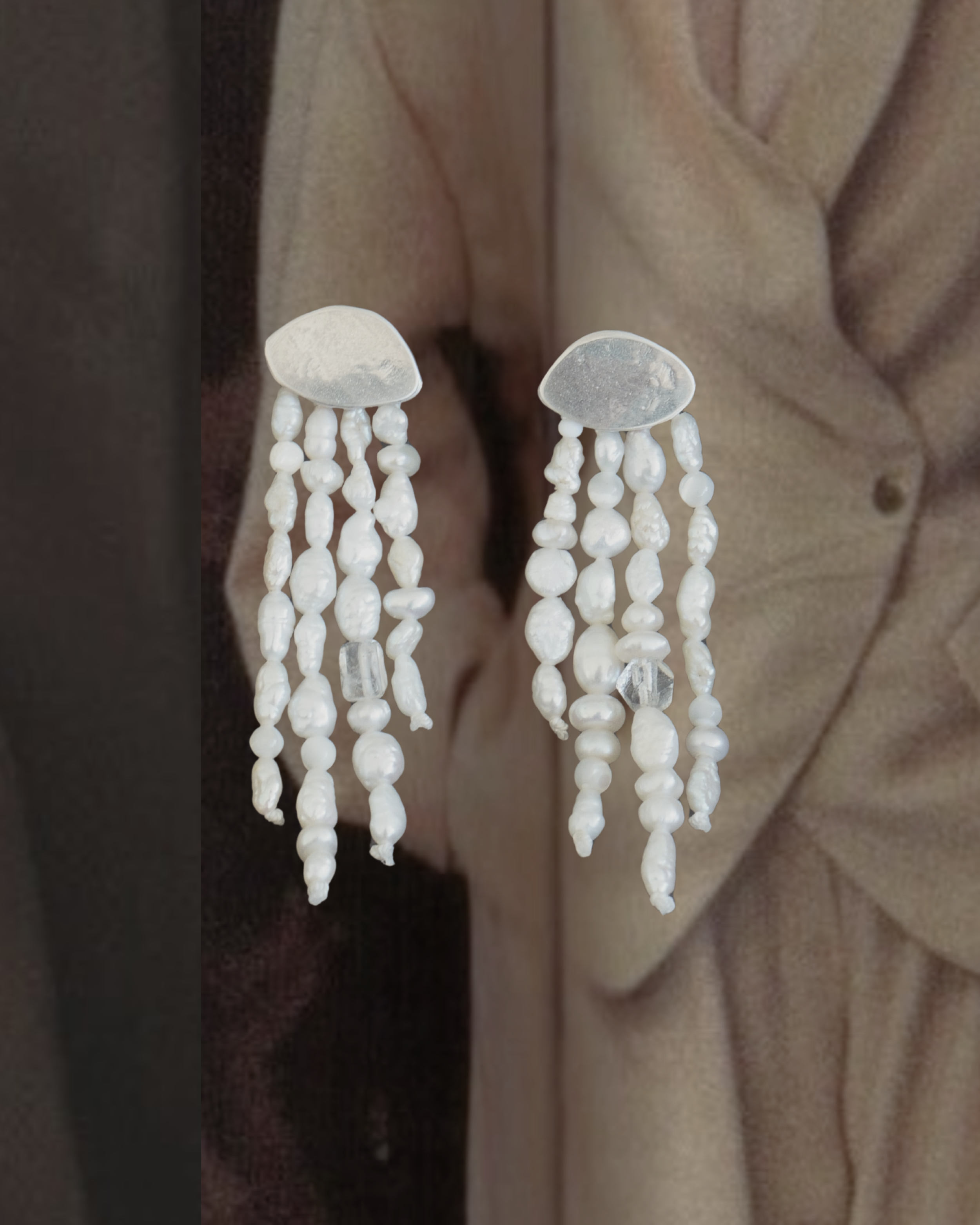 Silver coin & draped pearl fringe studs
