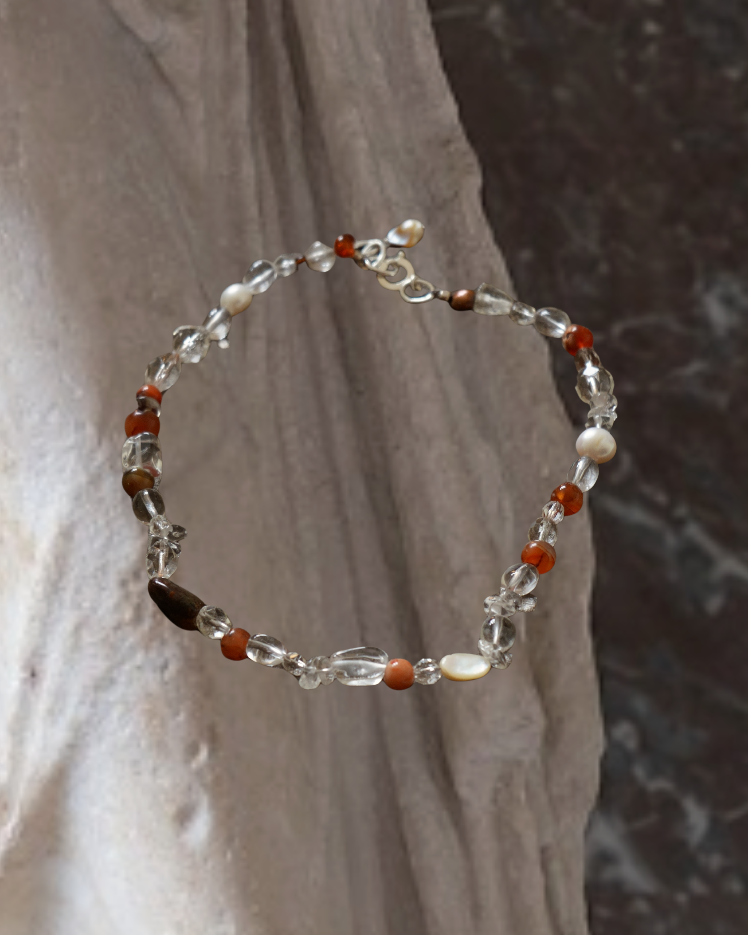 Treasure necklace with glass, carnelian, pearls, gate, quartz & amber