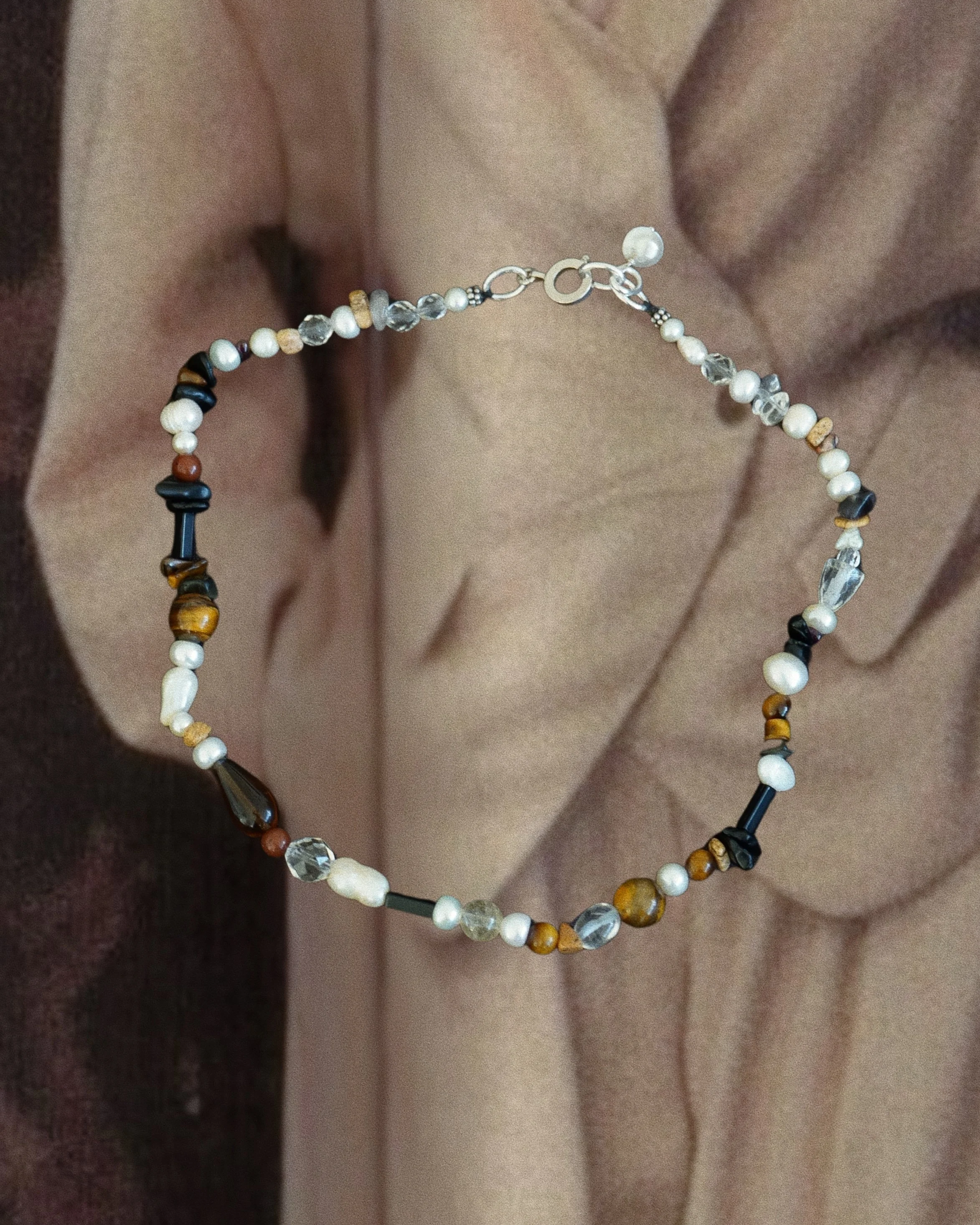 Treasure necklace with glass, tigers eye, obsidian, reclaimed pearls & quartz
