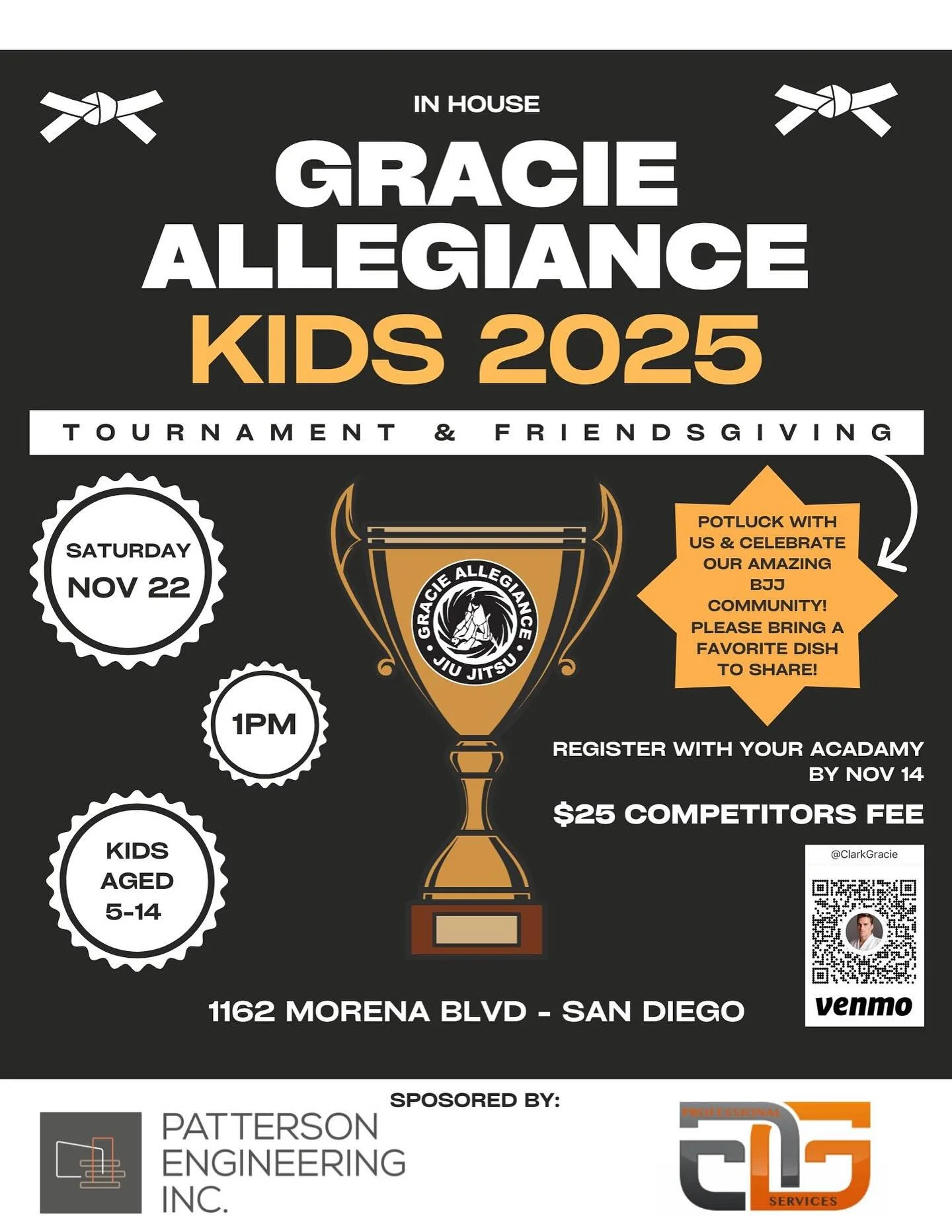 🥋 Gracie Allegiance Kids In-House Tournament + Friendsgiving! 🍂

We&rsquo;re bringing the Gracie Allegiance family together for an afternoon of friendly competition and community!

📅 Saturday, Nov 22, 2025
🕐 1:00 PM
📍 Clark Gracie Jiu-Jitsu Acad