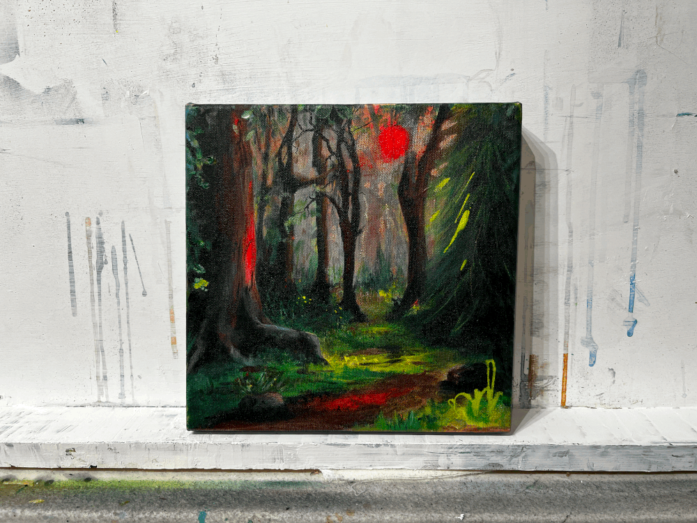 SMALL OIL PAINTING - Mixed Media Art - colourful forest painting