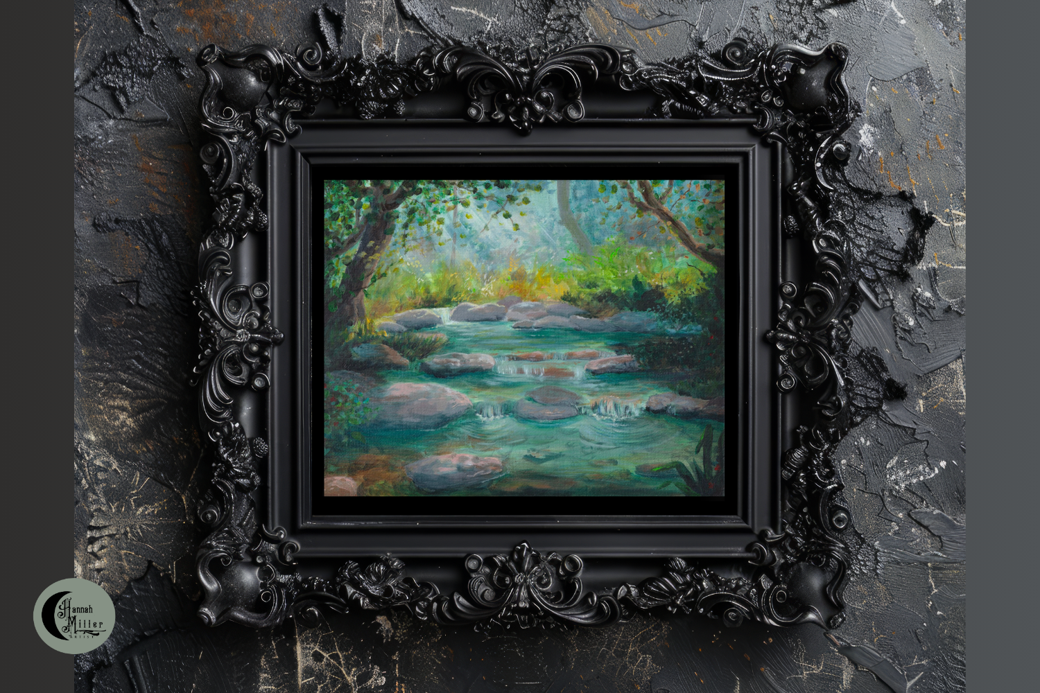 tranquil forest stream painting in gothic frame