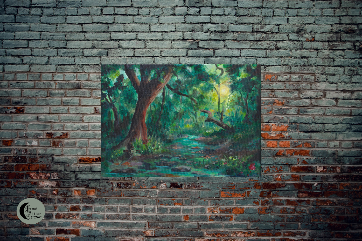 dark forest painting on a brick wall