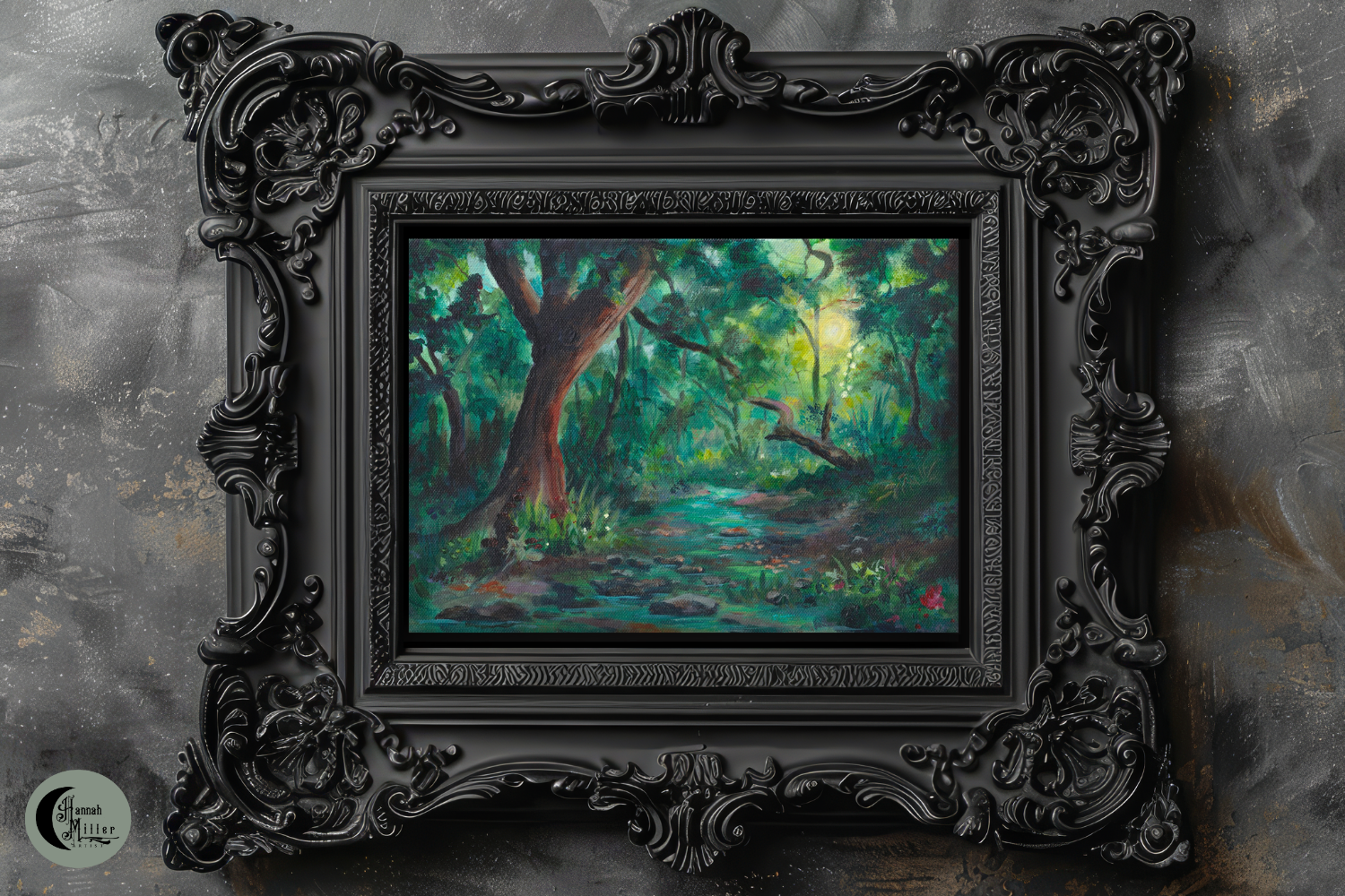 vibrant mystical forest painting in a gothic frame
