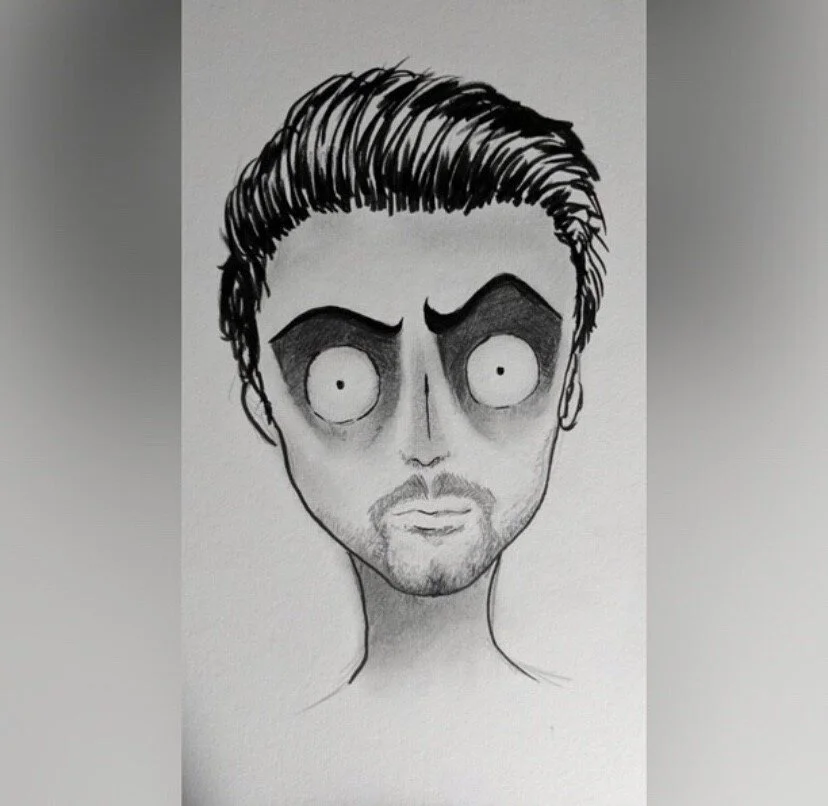 A black and white cartoon drawing of a person with exaggerated eyebrows, wide eyes with small pupils, and a beard, with a serious expression.