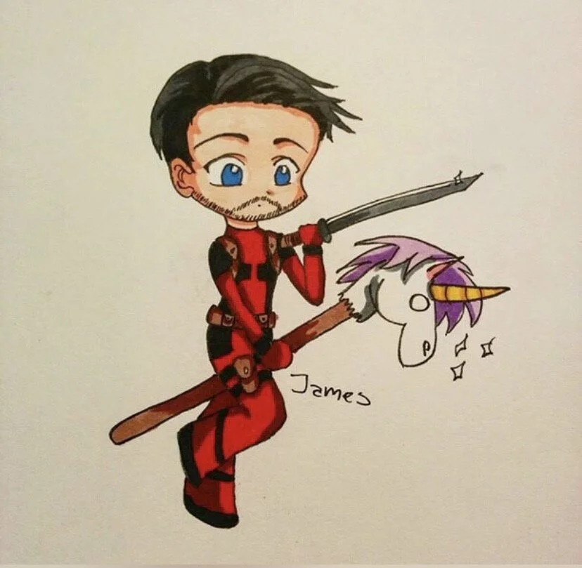 Cartoon of a man with black hair, blue eyes, and a beard, dressed in Deadpool costume, riding a unicorn with pastel purple mane, yellow horn, and stars around its head, holding a sword.