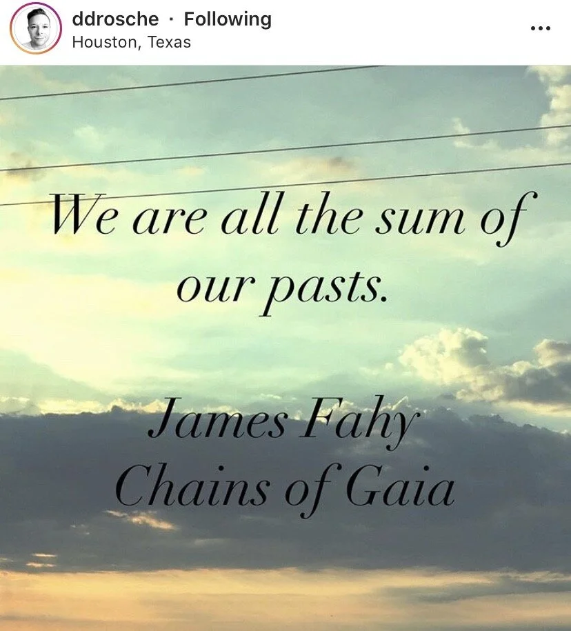A sky with clouds and power lines with an inspirational quote about the past, attributed to James Fahy from 'Chains of Gaia'.