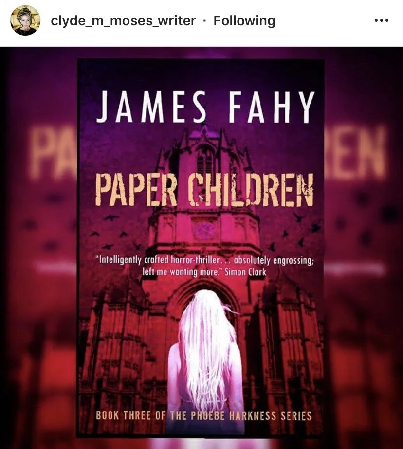 Book cover for "Paper Children" by James Fahy, featuring a dark purple background with a Gothic-style building and a girl with long white hair facing away.