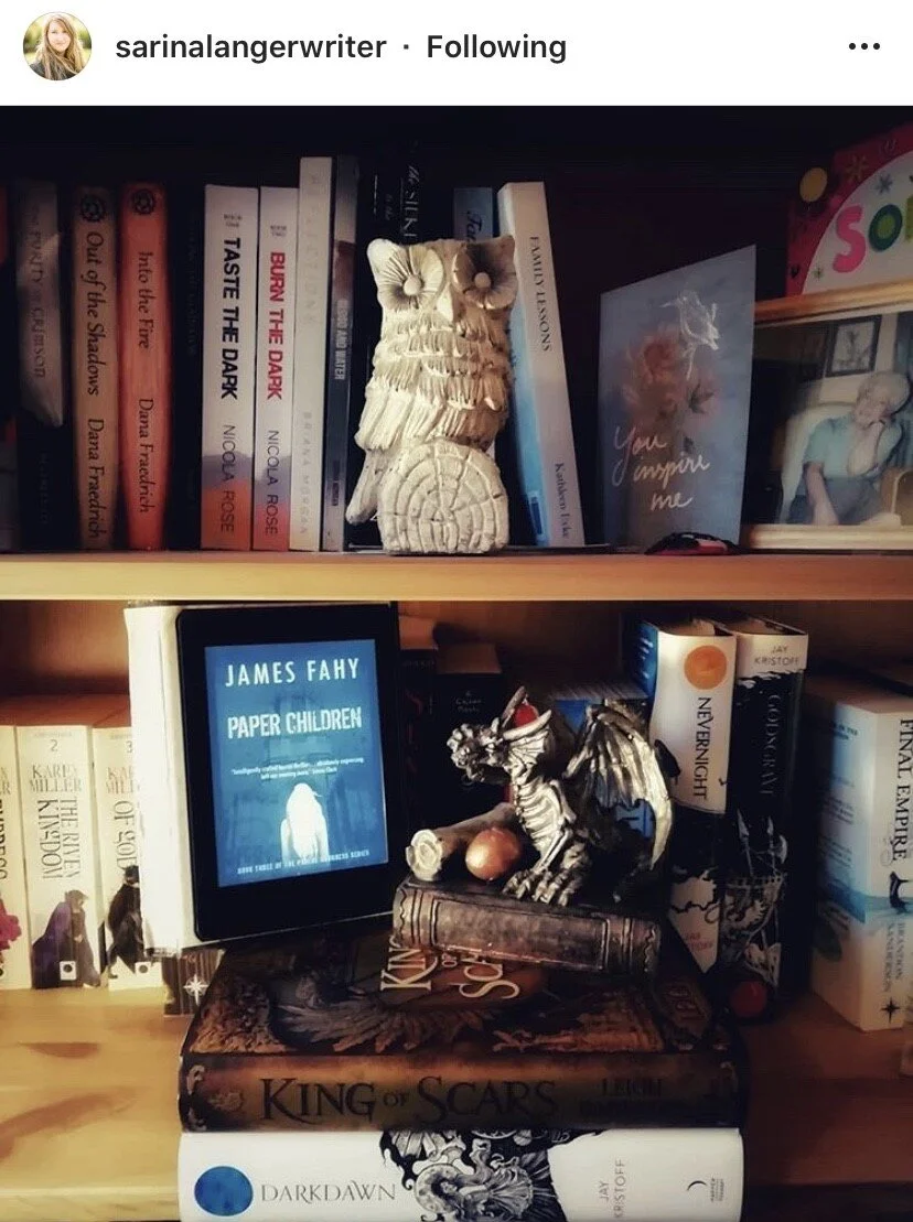 Bookshelves filled with books, decorative owl and dragon figurines, a framed photo, and a Kindle e-reader displaying the book "Paper Children" by James Fahy.
