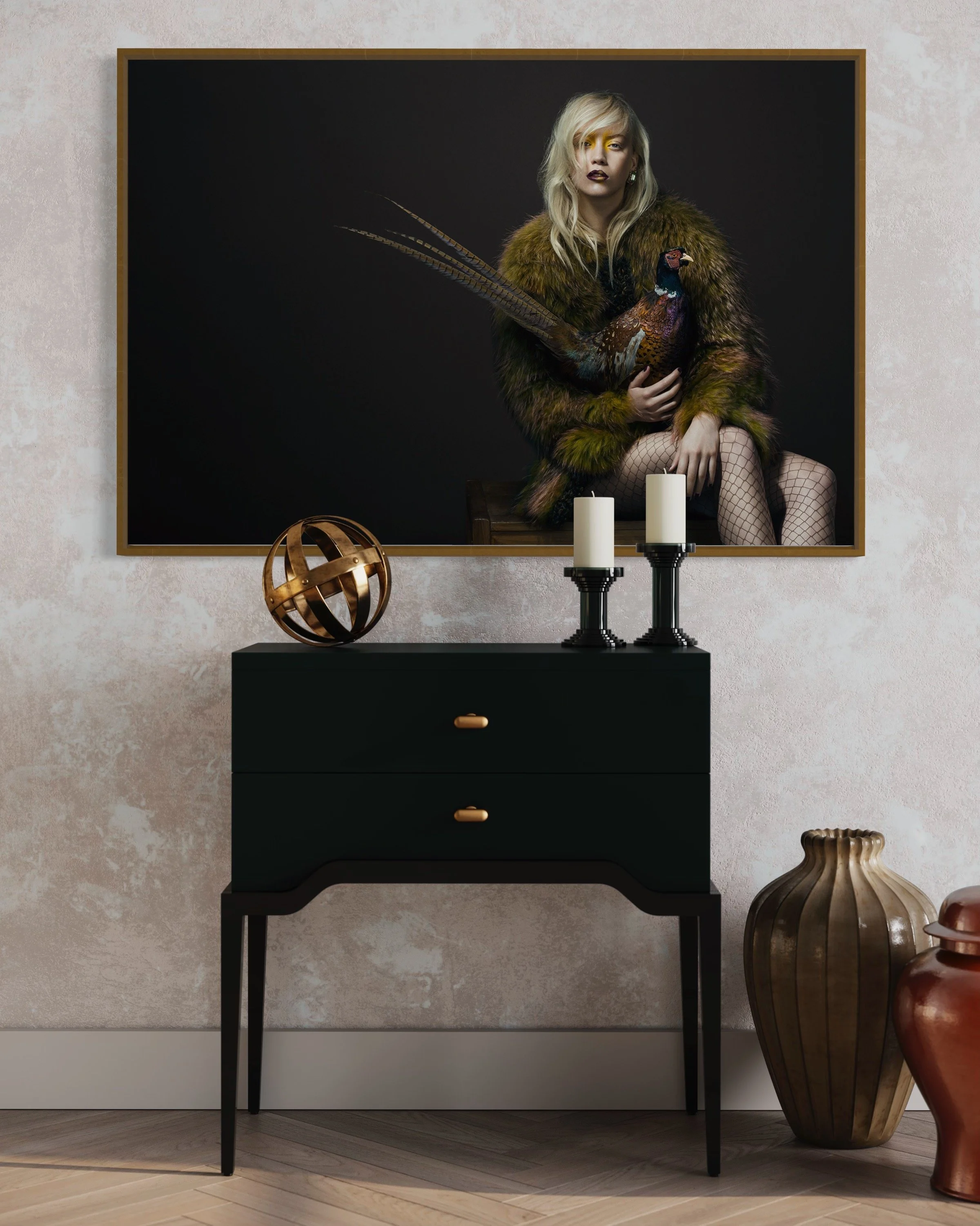 A vibrantly luxurious series of art portraits, showcasing a diverse range of birds species alongside carefully curated fashion pieces.