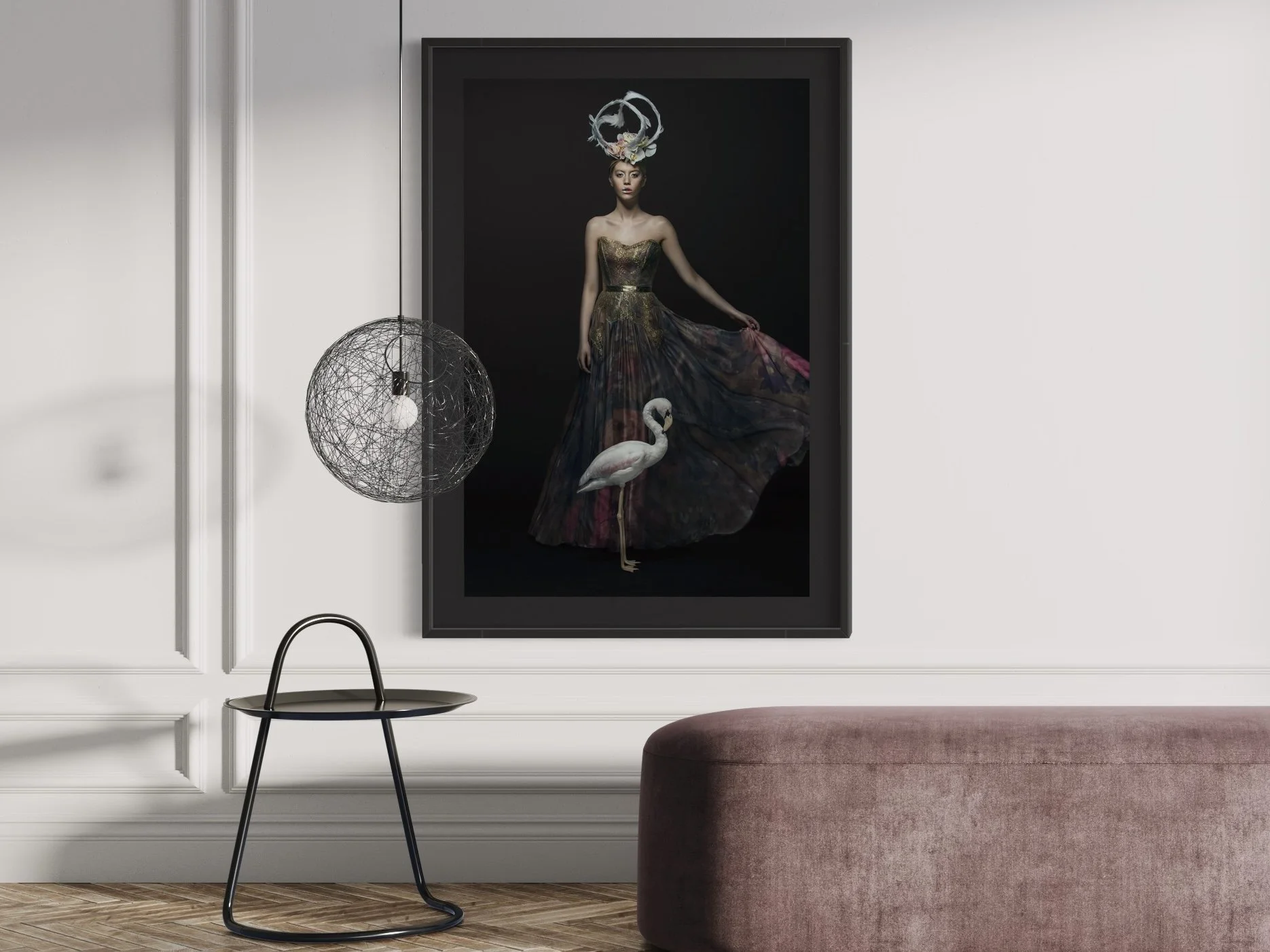 A vibrantly luxurious series of art portraits, showcasing a diverse range of birds species alongside carefully curated fashion pieces.