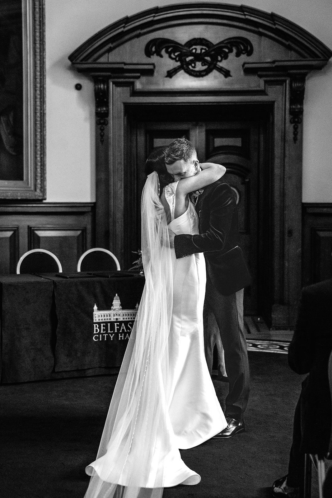 Belfast city hall wedding ceremony and the couples first kiss