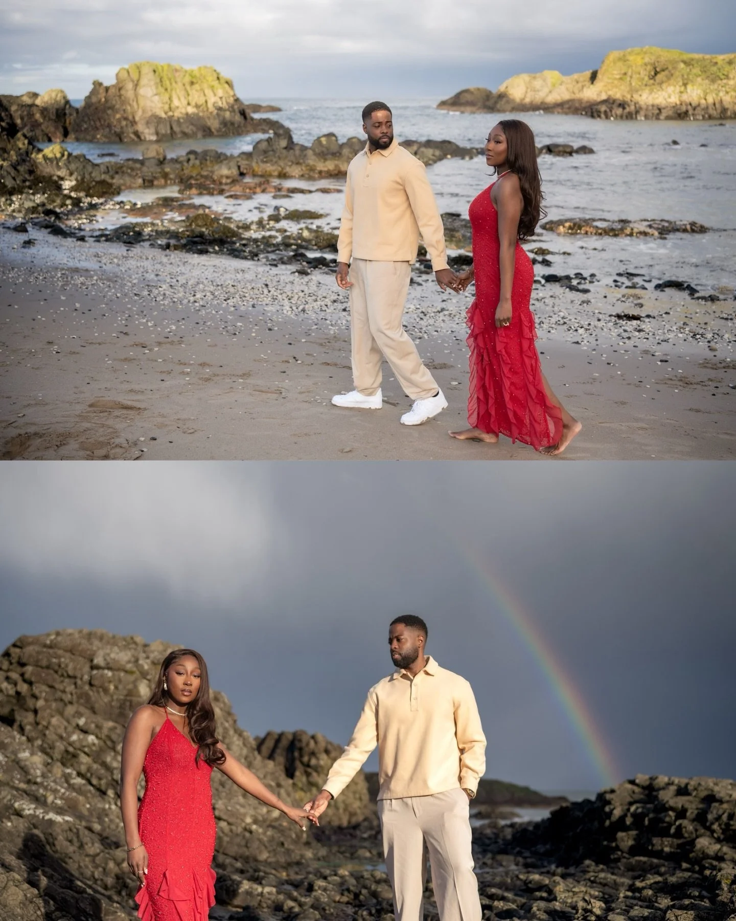 David &amp; Emmanuela, newly engaged and back out again with dramatic skies, a rainbow and the North Coast showing off. From London to Belfast to here, all in one weekend.
Natural moments, confidently guided so the place and connection do the work, n