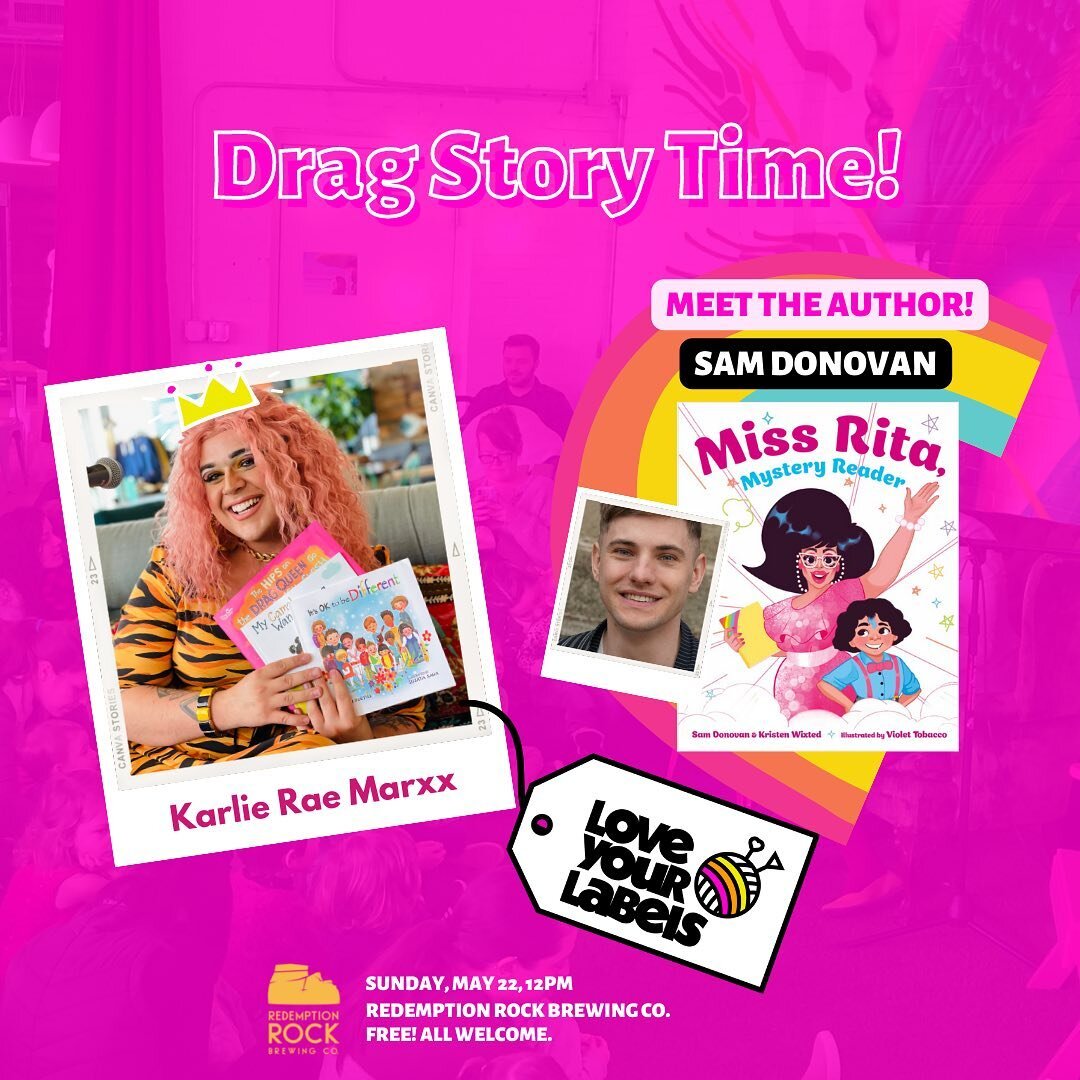 Mark your calendars for the next #DragStoryTime at @rr_brewingco! Our queen is @karlieraemarxx, and we&rsquo;ll also be welcoming author and fashion designer @samueljdonovan! We&rsquo;re featuring his new book, &ldquo;Miss Rita, Mystery Reader&rdquo;