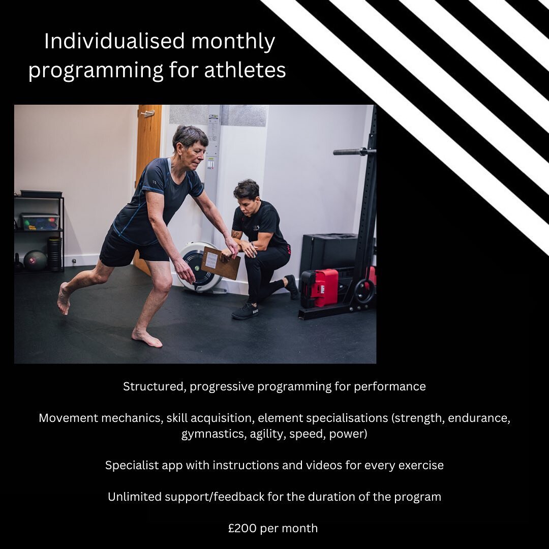 Individualised monthly programming for athletes 💪🏽

Structured, progressive programming for performance 👩🏽&zwj;🏫

Movement mechanics, skill acquisition, element specialisations (strength, endurance, gymnastics, agility, speed, power) 🏃🏽&zwj;♀️