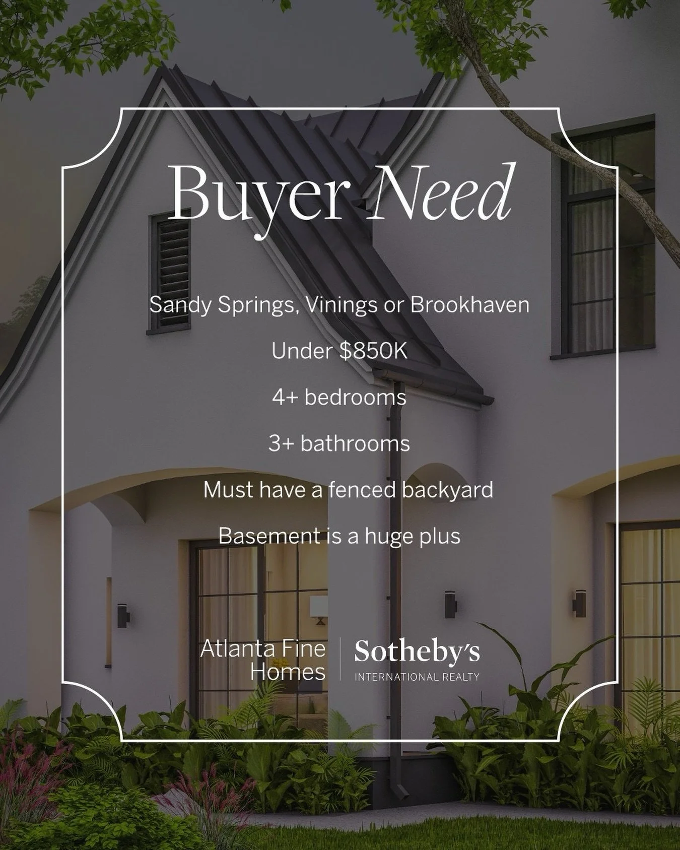 Calling all agents 📣
⠀⠀⠀⠀⠀⠀⠀⠀⠀
I&rsquo;m working with a fantastic couple looking for their next home in either Sandy Springs, Vinings, or Brookhaven. They are specifically hunting for a property with some &ldquo;soul&rdquo;&mdash;they love the moody