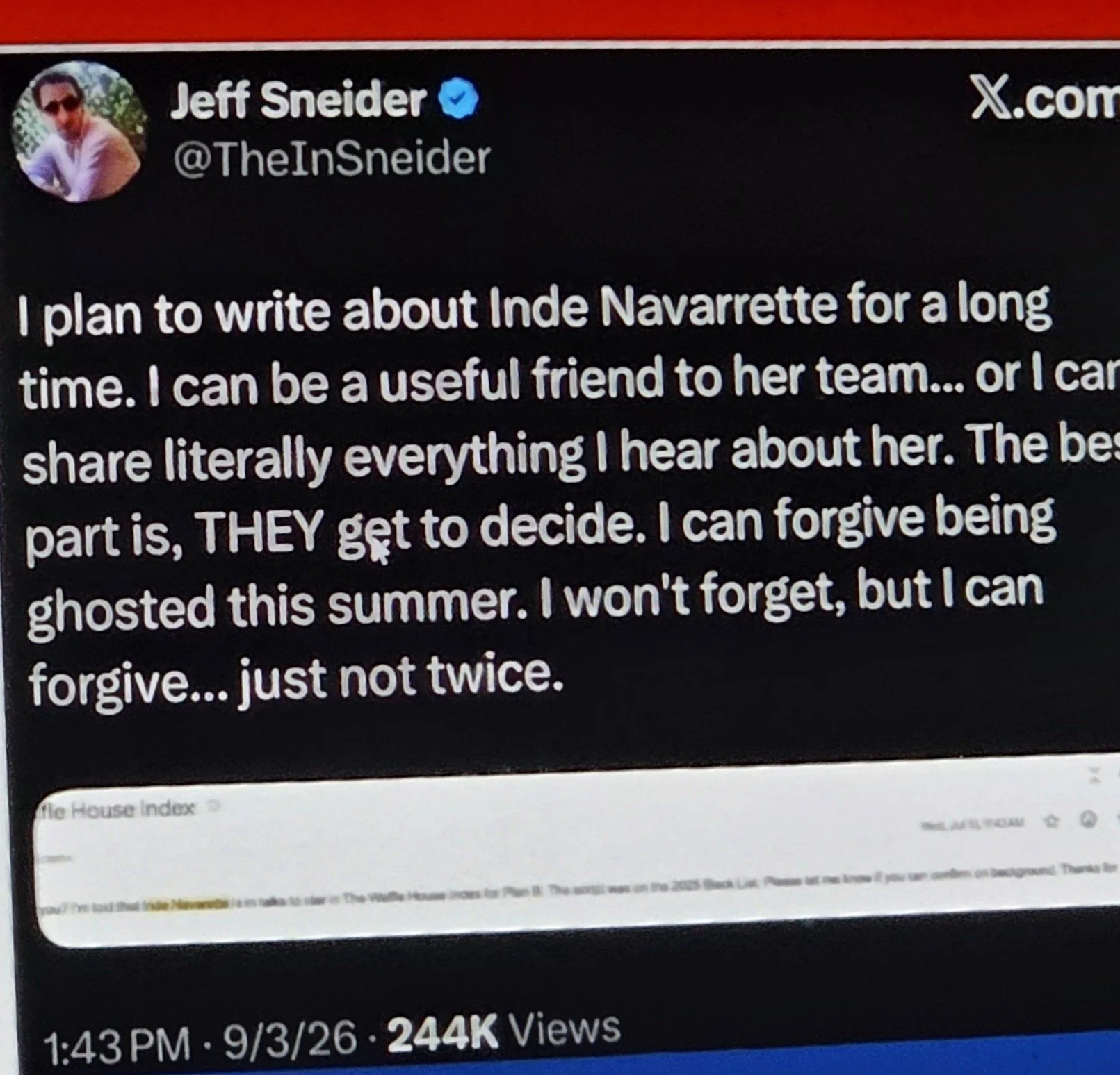 JEFF SNEIDER threatens Inde Navarrette and PR team