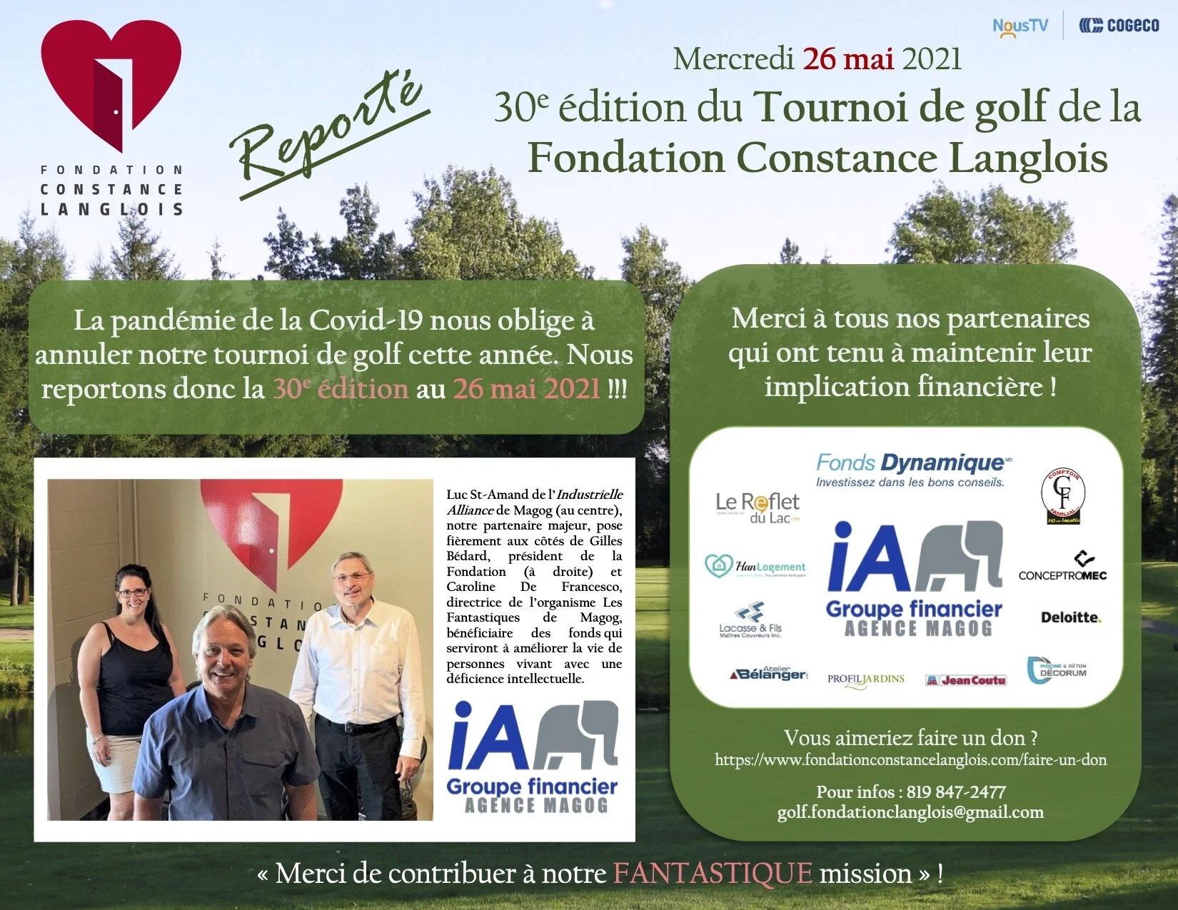 Le Tournoi de golf de la Fondation Constance Langlois est reporté au 26 mai 2021