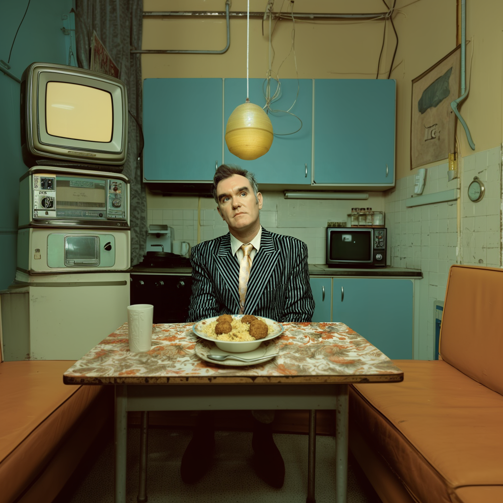 Morrissey having falfel Sunday Lunch