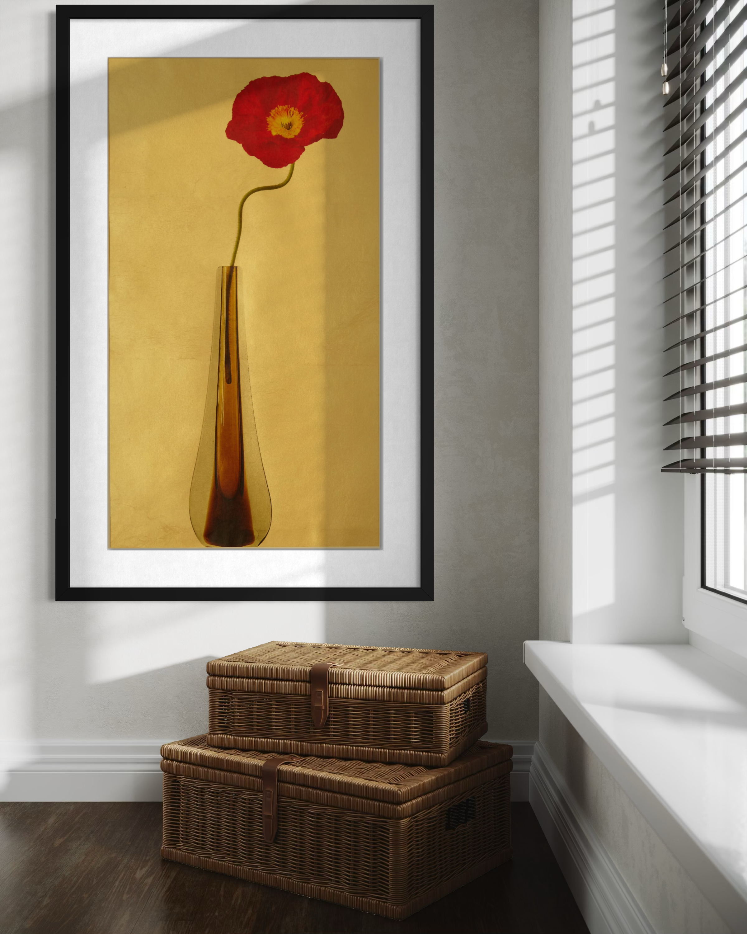 Icelandic Flame — red Icelandic poppy in a handblown Venetian crystal vase, pigment print on vellum gilded with Dutch gold leaf, by Kevin Black