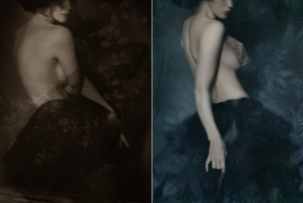 A side-by-side comparison of two images of a woman sitting. The left image is in sepia tone, showing her from the back with her head turned slightly to the side. The right image is in color, depicting her from the front with her head turned over her 