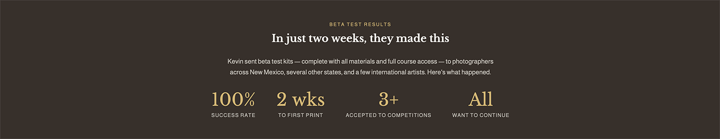 Webpage showcasing beta test results with success rate, time to first print, acceptances, and desire to continue; dark background with light text.