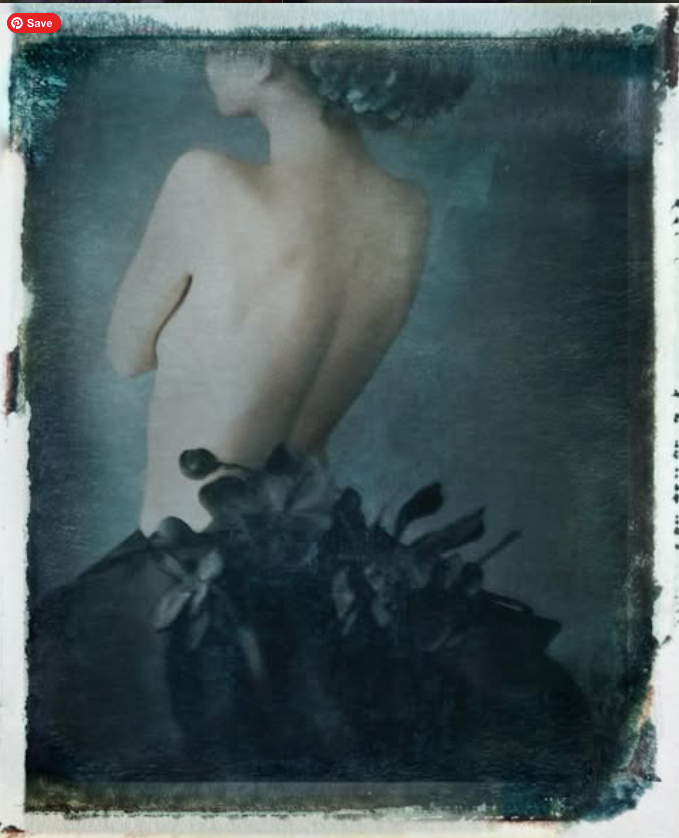 A semi-transparent, artistic portrait of a woman with curly hair, her head turned downward, overlaid with dark flowers at the bottom of the image.