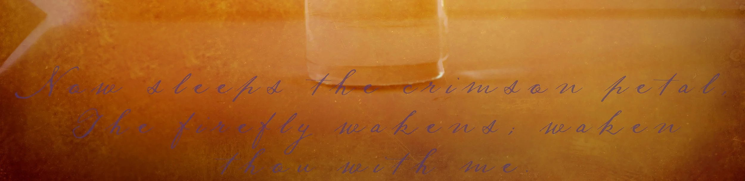 Detail of the Tennyson line in light purple script on Oleander, a gilded vellum print by Kevin Black