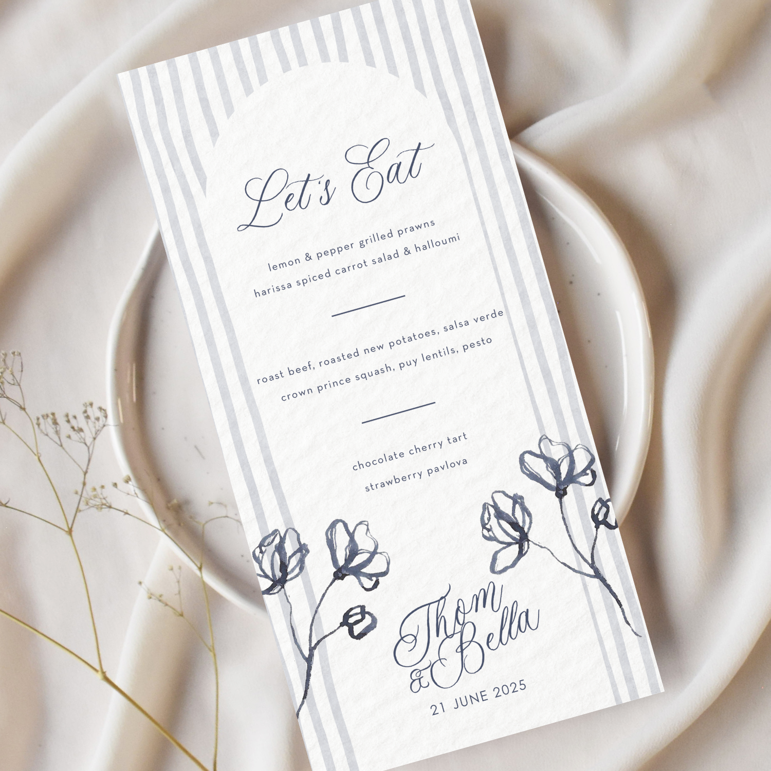 Wedding menu card with grey striped watercolour background and grey floral flowers