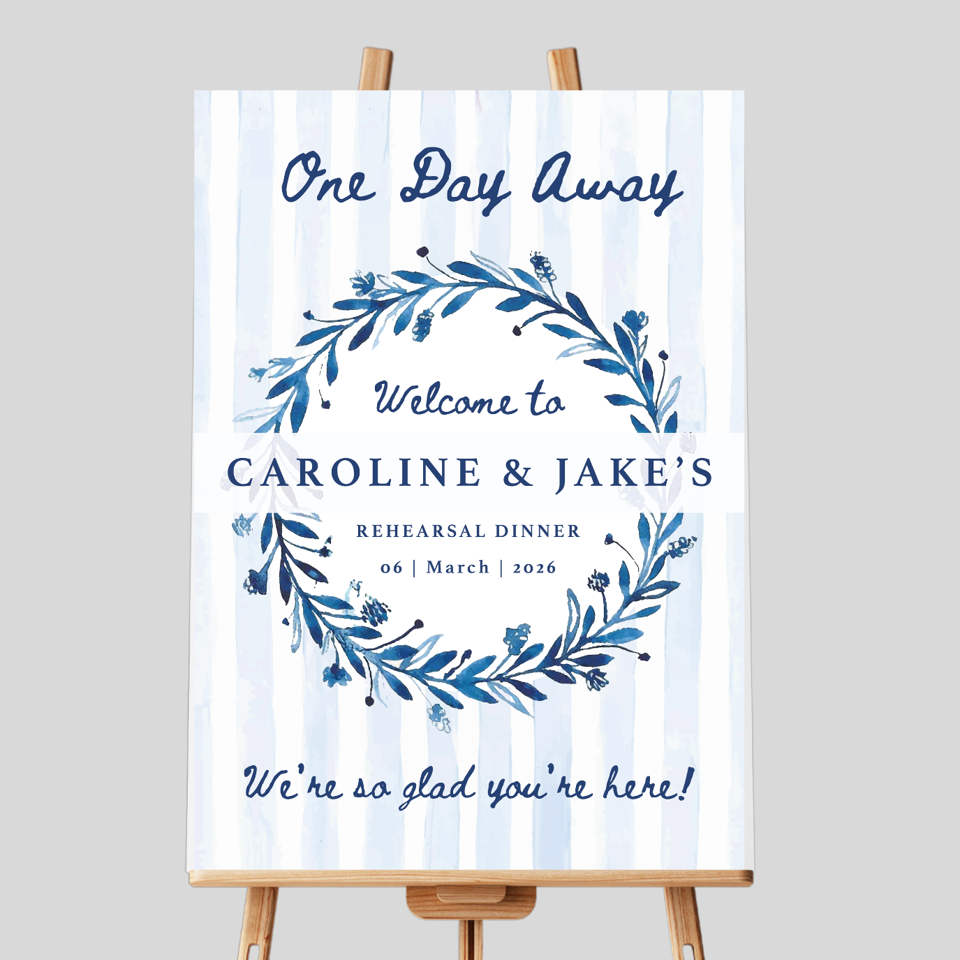 Wedding rehearsal dinner sign on a wooden easel