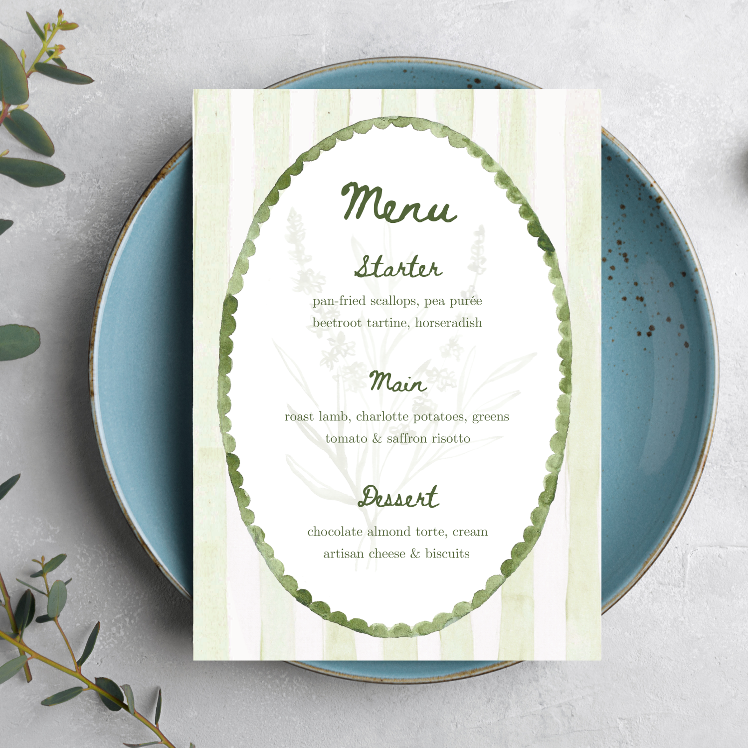 A printed restaurant menu on a white background, featuring sections for starter, main, and dessert dishes, with a floral design in the background and a green border.