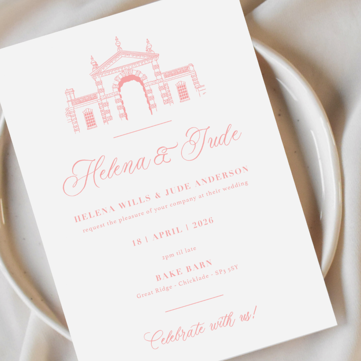 Wedding invitations with blue floral accents and calligraphy, featuring names Harry & Bethan.