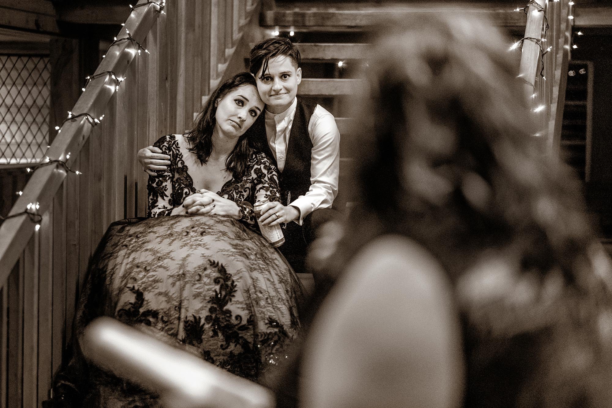 Black and white photo of LGBT couple listens at Shaker Village | Robert Ortiz Photography  (Copy)