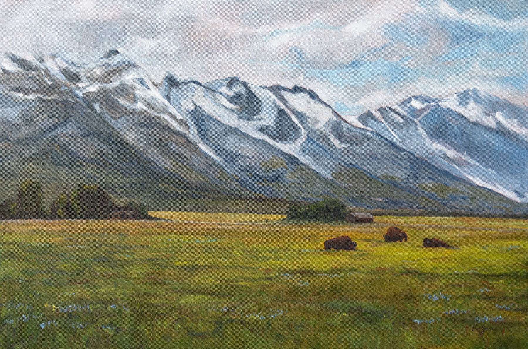 Landscape painting of a field with bison grazing, snow-capped mountains in the background, under a partly cloudy sky.